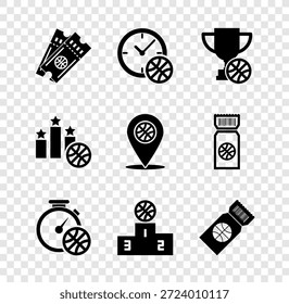Set Basketball game ticket, Clock with basketball, Award cup, Stopwatch, Sports winner podium,  and Location icon. Vector