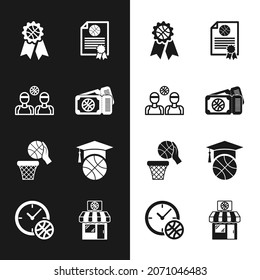 Set Basketball Game Ticket, Players, Award, Certificate Basketball, And, Training, Sports Shop And Clock With Icon. Vector