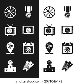 Set Basketball game video, match on tv, medal, Location with basketball, sport calendar, ticket and Sports winner podium icon. Vector