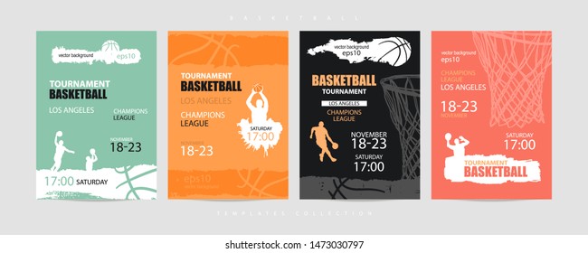 Set of basketball grunge designs. Hand drawing. Collection of multicolored template, sports covers, flying ball, a sketch of players, basketball hoop. EPS file is layered.