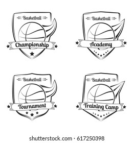 Set of basketball hand drawn emblems. Sport logo design. Vector illustration.
