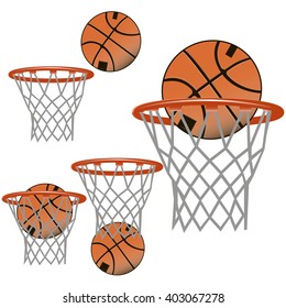 Set of basketball icons. The ball flies into the basket. Vector illustration.
