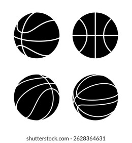 Set of Basketball Icons Black Silhouettes Vector Illustration. A set of 4 unique basketball icons, each represented as a black circular silhouette with distinct white line designs.