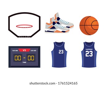 set of basketball icons, contains such icons as hoops basket, shoes, ball, score board, shirts vector illustration design