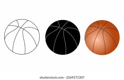 Set of basketball icons featuring outline and silhouette styles. Includes various designs, perfect for sports, fitness, and recreational-themed graphic projects