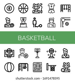 Set of basketball icons. Such as Billiard, Basketball, Gymnast, Ball, Sport, Athlete, Monkey bars, Basketball player, Hoop, Judo, Cheerleader , icons