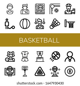 Set of basketball icons. Such as Basketball player, Ball, Athlete, Sport, Gymnast, Billiard, Shuttlecock, Roller skate, Hoop, Cheerleader, Basketball , icons