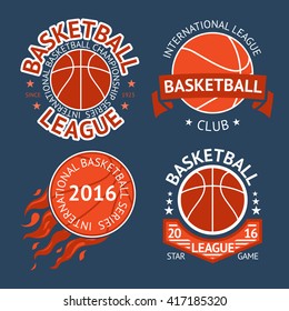 Set of basketball labels with balls and ribbons. Vector