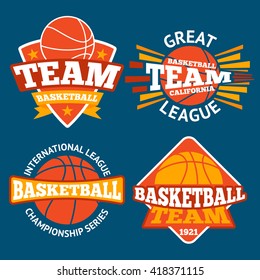 Set of basketball labels with balls and ribbons. Vector