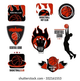 Set basketball League logo and emblem. Design elements and badges for basketball club, sports school, stripes for sports uniforms.
