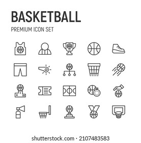 Set of basketball line icons. Premium pack of signs in trendy style. Pixel perfect objects for UI, apps and web. 