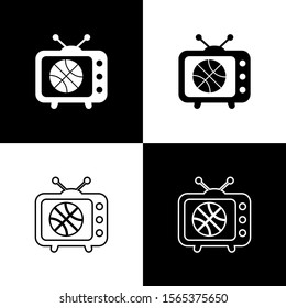 Set Basketball match on tv program icon isolated on black and white background.  Vector Illustration