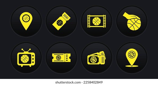 Set Basketball match on tv, Hand with basketball, game ticket, video, Location and  icon. Vector