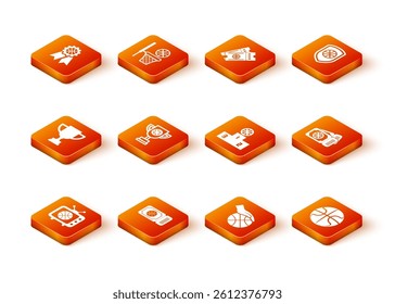 Set Basketball match on tv, game ticket, Award cup, with basketball, Hand, Sports winner podium,  and  icon. Vector