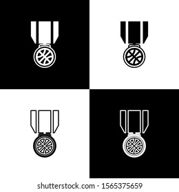 Set Basketball medal with ribbon icon isolated on black and white background.  Vector Illustration