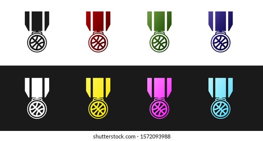 Set Basketball medal with ribbon icon isolated on black and white background.  Vector Illustration