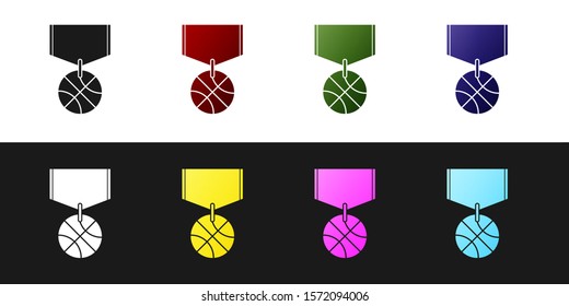 Set Basketball medal with ribbon icon isolated on black and white background.  Vector Illustration