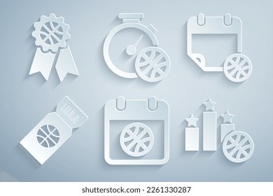 Set Basketball on sport calendar, game ticket, Sports winner podium, Stopwatch with basketball and award icon. Vector