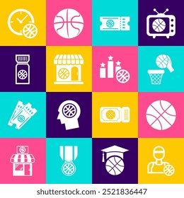 Set Basketball player, and basket, game ticket, Sports shop basketball, Clock with and winner podium icon. Vector