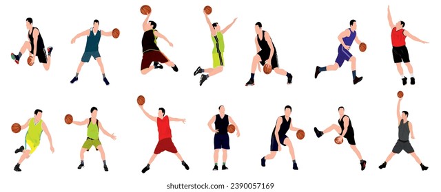  set of basketball player. Group of different basketball players in different playing action. Set of basketball players throwing ball isolated on white background