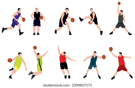  Set Basketballspieler. Gruppe von verschiedenen Basketballspielern in verschiedenen Spielaktionen. Set Basketballspieler, die Ball einzeln auf weißem Hintergrund werfen