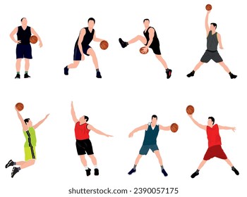  set of basketball player. Group of different basketball players in different playing action. Set of basketball players throwing ball isolated on white background