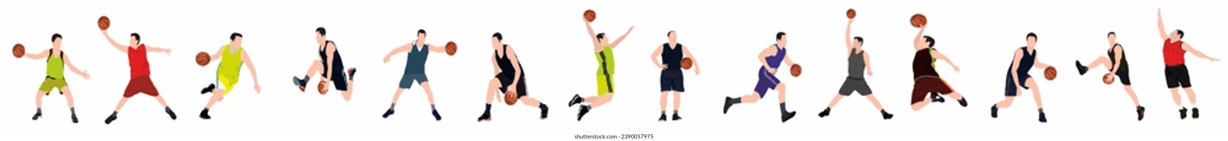 set of basketball player. Group of different basketball players in different playing action. Set of basketball players throwing ball isolated on white background