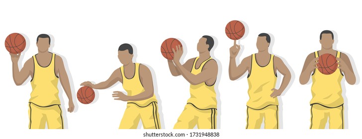 Set of basketball player in modern style vector illustration, sport man simple flat shadow isolated on white background.
