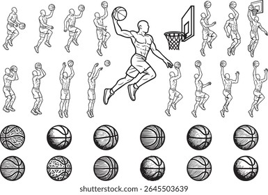 Set of basketball player outline icons in dynamic action poses. Perfect for sports infographics, mobile apps, posters, and active lifestyle design themes.
