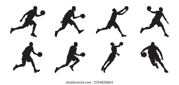 Set of basketball player silhouettes. Collection of basketball player silhouettes on isolated background. Vector illustration