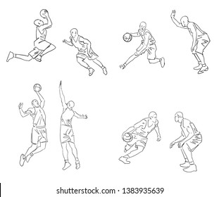 Set of basketball players with a ball. Black contour. Isolated silhouettes. Abstract drawing. Active pose. Hand drawn sketch. Vector outline. Sport illustration.