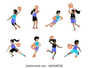 Set of basketball players with balls. Boys and girls cartoon action character. Flat vector isolated illustration. Children's basketball championship poster, banner design
