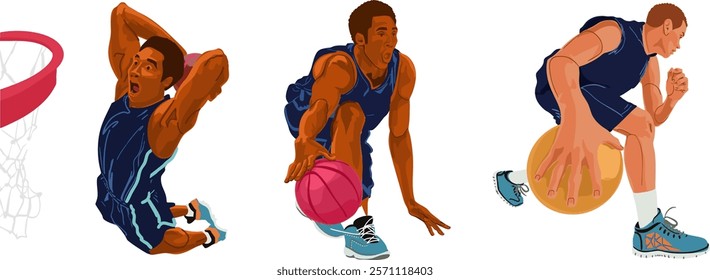 Set of basketball players dribbling the ball. Vector illustration.