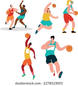 Set of basketball players, guys playing basketball with a ball. people play sports, vector set.