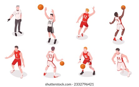 Set of basketball players playing game. Dribbling, passing, blocking, running with ball. Training of sportsman team in various position. Isometric vector illustration, isolated on white background