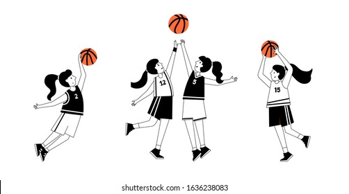 Set of basketball players of same team with balls. Young girl cartoon action character. Flat vector isolated illustration. Children's basketball championship poster, banner design
