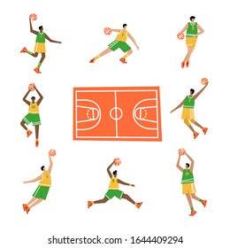 Set of basketball players of same team with balls and court. Adult man cartoon action character. Flat vector isolated illustration. Men's basketball championship poster, banner design
