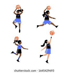 Set of basketball players of same team with balls. Young girl cartoon action character. Flat vector isolated illustration. Children's basketball championship poster, banner design
