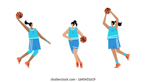 Juego de jugadores de baloncesto del mismo equipo con pelotas. Caricatura femenina adulta. Ilustración aislada vectorial plana. Afiche del campeonato femenino de baloncesto, diseño de pancartas
