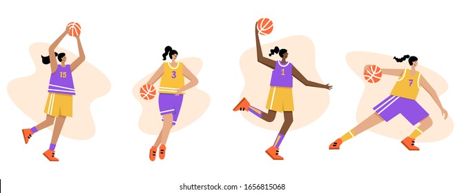 Juego de jugadores de baloncesto del mismo equipo con pelotas. Caricatura femenina adulta. Ilustración aislada vectorial plana. Afiche del campeonato femenino de baloncesto, diseño de pancartas
