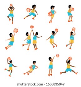 Juego de jugadores de baloncesto del mismo equipo con pelotas. Caricatura de acción de caricatura de un niño. Ilustración aislada vectorial plana. Afiche del campeonato de baloncesto infantil, diseño de pancartas
