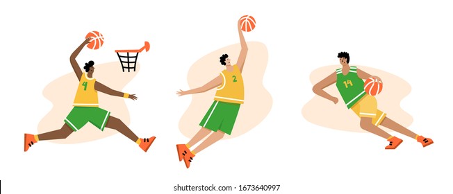 Juego de jugadores de baloncesto del mismo equipo con pelotas. Personaje de acción de caricatura para hombres adultos. Ilustración aislada vectorial plana. Afiche del campeonato masculino de baloncesto, diseño de pancartas
