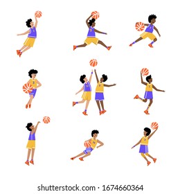 Juego de jugadores de baloncesto del mismo equipo con pelotas. Caricatura de acción de caricatura de un niño. Ilustración aislada vectorial plana. Afiche del campeonato de baloncesto infantil, diseño de pancartas
