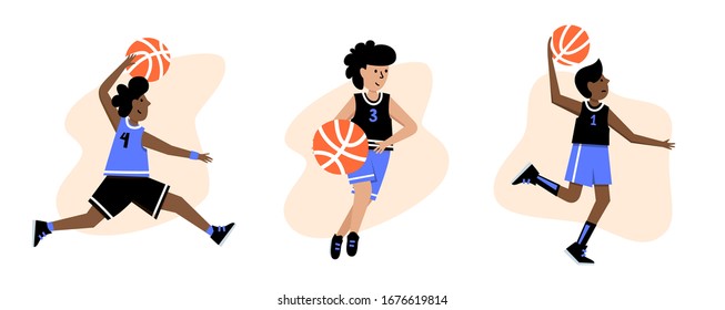 Juego de jugadores de baloncesto del mismo equipo con pelotas. Caricatura de acción de caricatura de un niño. Ilustración aislada vectorial plana. Afiche del campeonato de baloncesto infantil, diseño de pancartas
