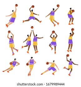 Juego de jugadores de baloncesto del mismo equipo con pelotas. Personaje de acción de caricatura para hombres adultos. Ilustración aislada vectorial plana. Afiche del campeonato masculino de baloncesto, diseño de pancartas
