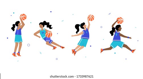 Juego de jugadores de baloncesto del mismo equipo con pelotas. Caricatura de acción de dibujos animados de muchacha joven. Ilustración aislada vectorial plana. Afiche del campeonato de baloncesto infantil, diseño de pancartas.