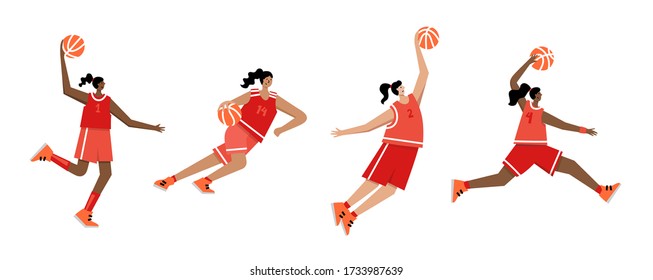 Juego de jugadores de baloncesto del mismo equipo con pelotas. Caricatura femenina adulta. Ilustración aislada vectorial plana. Afiche del campeonato femenino de baloncesto, diseño de pancartas.