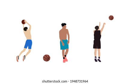 Set of basketball players of same team with balls. Adult man cartoon action character. Flat vector isolated illustration. Men's basketball championship poster, banner design