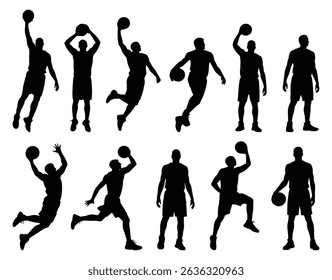 Set of basketball players silhouettes in action vector illustration isolated on white background