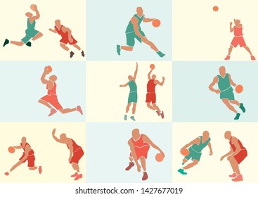 Set of basketball players. Single figure and two sportsmen. Sport concept. Active poses. Applique or paper cut style. Colorful vector illustration.